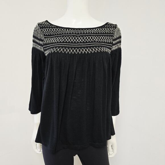 Gap Top Size S Smocked Bell 3/4 Sleeve Flowy Black Womens Preppy Wide Neck - Picture 1 of 8